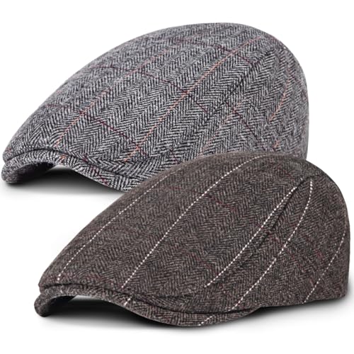 Senker 2 Pack Men's Classic Herringbone Tweed Wool Blend Flat Cap Ivy Gatsby Newsboy Cabbie Driving Hat,A-brown/Grey,One Size