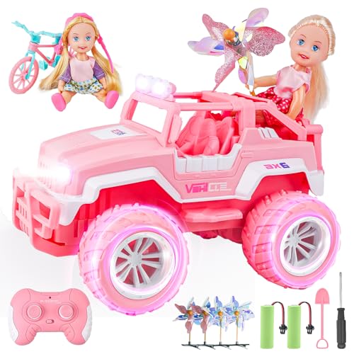 BEZGAR Ferngesteuertes Mädchen Auto Rosa Jeep - 1:16 SUV Off-Road Auto mit 2 Puppen und 4 Windmühlen, 80 Min. Spielzeit, LED-Leuchten, 2,4 GHz Monster Trucks, Spielzeugauto für Kinder ab 4+ Jahren