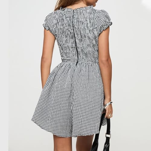 Image of Women Cute Babydoll Dress Romper Plaid V Neck Smocked Flowy Mini Romper Dress Gingham Ruffle Cap Sleeve Short Sundress