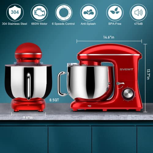 Svewt Stand Mixer 660W 6+1 Speeds Tilt-Head Food Mixer, Kitchen Electric Mixers With 8.5-Qt Stainless Steel Mixing Bowl, Dough Hook, Wire Whisk, And Beater Attachments For Most Home Cooks #TOP4