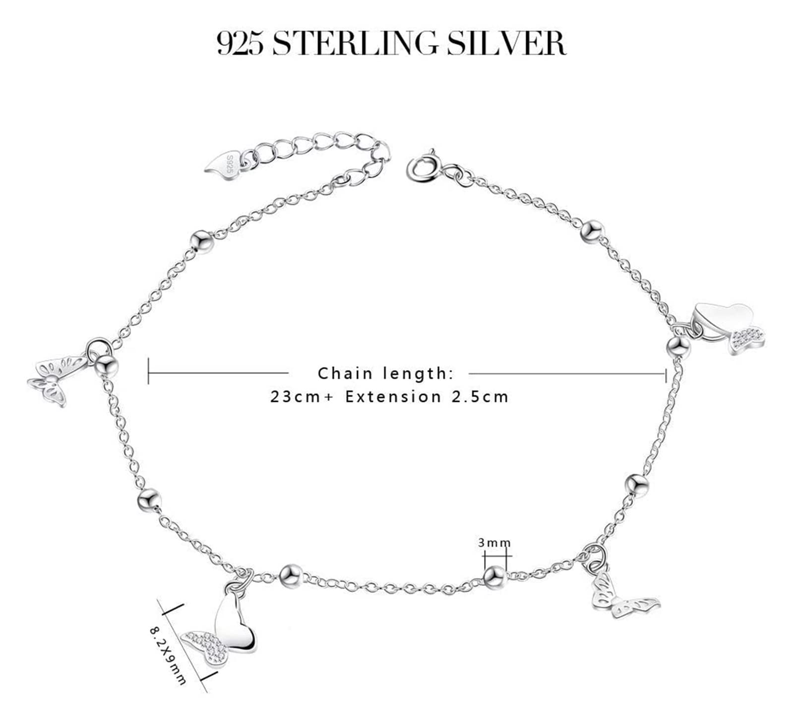 Tobillera ajustable de plata de ley 925 con diseño de mariposa, 25 cm, circonita cúbica 3A, tobillera ajustable