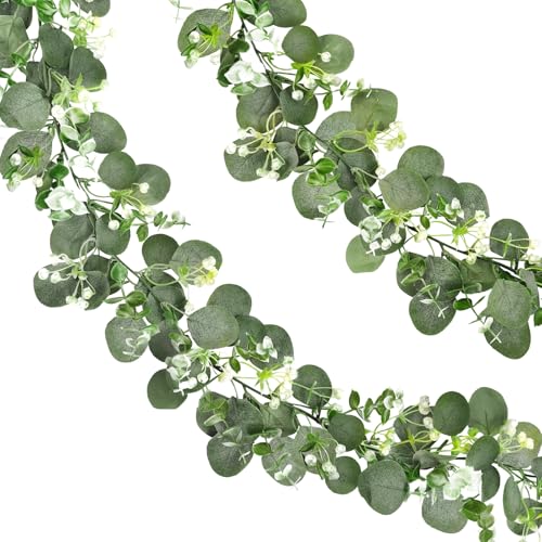 ROLLWAY 2 Stück künstliche Eukalyptus Girlande Eucalyptus Deko Pflanzen Girlande 1 8m Hochzeitsgirlande Blumengirlande für Hochzeit Tischdeko Hochzeitsbogen Konfirmation Kommunion Taufe Firmung Deko