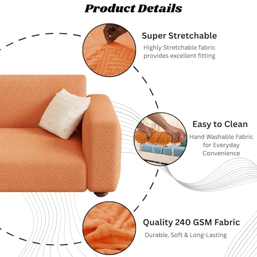 Image of Lukzer 3 Seater Pastel Orange Grid Maze Pattern Sofa Cover | 240 GSM Universal Stretch Fit Jacquard Fabric Couch Protector | Fully Covered Anti Slip & Washable Sofa Cover (180-230cm /SC-106-03)