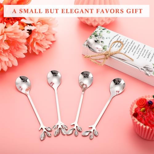 Tioncy 100 Pcs Bridal Shower Favors Tea Spoons 4.9 Inch Silver Stainless Steel Leaf Dessert Teaspoon Coffee Tea Party Favors with Thank You Cards and Rope for Gift Bridal Shower Guests Wedding