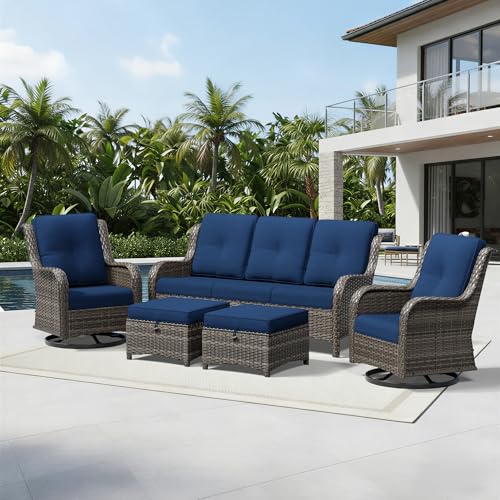 Image of Joyside 5 Piece Wicker Patio Furniture Set, Outdoor Swivel Rocker Patio Chairs with High Back, Deep Seating, Wide Armrest, Thickened Cushions, Outdoor Furniture for Deck, Porch Use