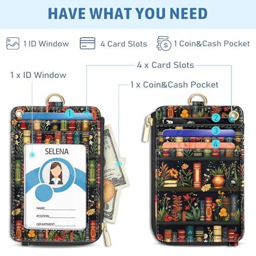 Plant Book Shelf Lanyard Wallet with ID Badge Holder, Floral Small RFID Wallet Women Keychain Wristlet, Slim Credit Card Holder with Zipper Pocket Phone Lanyard Wrist Strap Office Teacher Gift