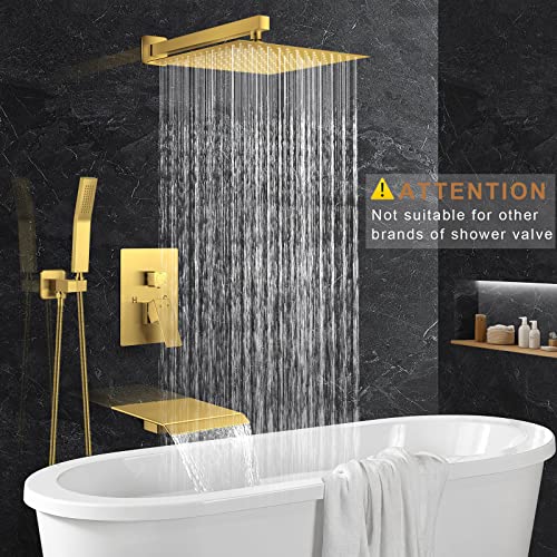 Jomeoo 12 Inch Brushed Gold Shower Head With Tub Spout, 3 Function Wall Mounted Bathtub Shower Faucet Set, Bathroom High Pressure Rain Shower Head With Handheld Sprayer Rough In Valve Body And Trim #TOP1
