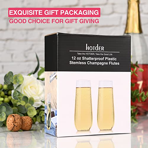 Hotder 2Pack 100% Tritan Plastic Champagne Flutes,10 Oz Stemless Unbreakable Clear Plastic Toasting Glasses,Shatterproof Recyclable And Bpa-Free #TOP6