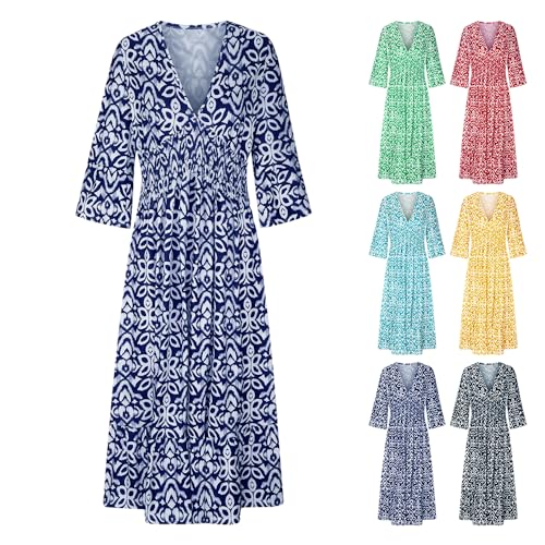 Casual Print V-Neck Long Dress, 2024 Boho Dress Plus Size Summer Floral Dress, 3/4 Sleeve Flowy Dresses for Women - Image 5