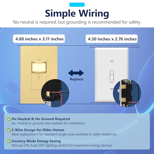 LIDER PIR Vacancy Motion Sensor Switch with LED Guide Light, 1200 Sq. Ft. Coverage, No Neutral Required, No Ground Required, Adjustable Time Delay, Screwless Wall Plate Included, UL Listed, Matte Gold by LIDER - Image 4