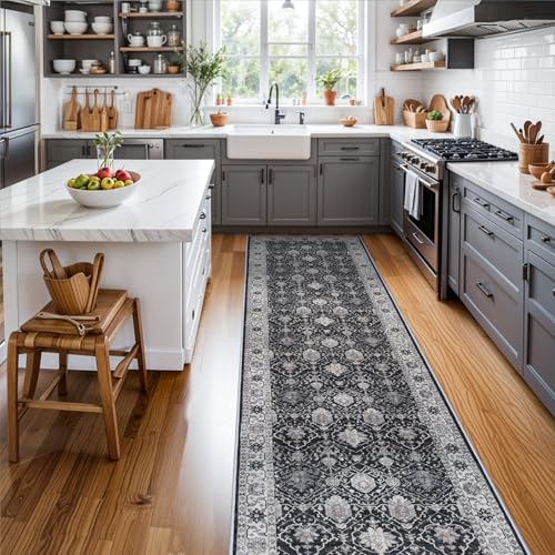 3x12 Washable Hallway Runner Rug: Oriental Long Ultra Soft Runners for Kitchen Entryway Thin Non Slip Bathroom Nursery Floor Mat Water Resistant Low Pile Carpet for Living Room Bedroom (Black,3x12)