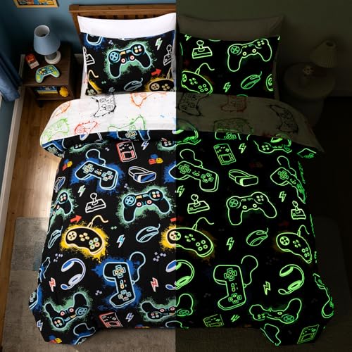 A Nice Night 5pc Glow in The Dark Kids Twin Comforter Set Game Console Headset Printed Gaming Bedding Set Twin Size for Boys Teens