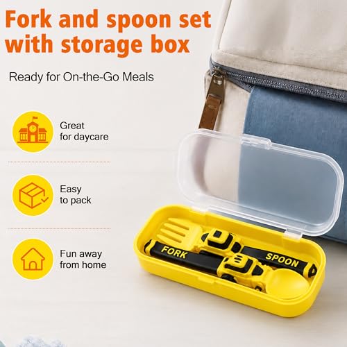 Image of Deinyi Construction Toddler Utensils, Reusable Plastic Toddler Fork and Spoon with Storage Case, Kids Utensils for 1 2 3 4 5 6 7 Year Old, Halloween Christmas Birthday Gifts, Yellow