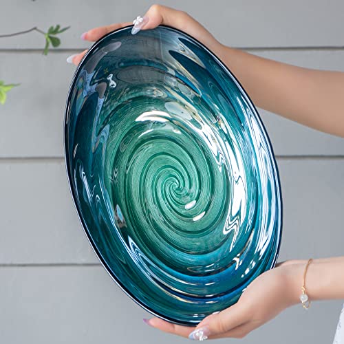 A&B Home Glass Fruit Bowl - Blue Green Decorative Bowl, Large Glass Bowl Tabletop Home Décor, Coffee Table Centerpiece Assecories, 13\" x 9\" x 3\"