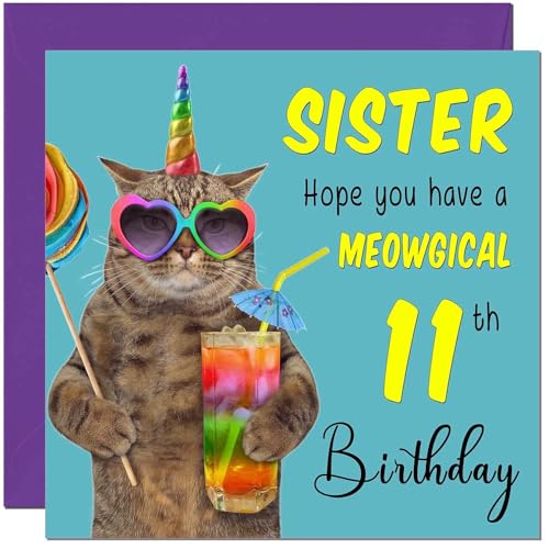 11th Sister Birthday Card - Meowgical Cat Funny Sister's Birthday Card for 11 Year old Kids eleven, eleventh
