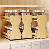 BAMEOS Pull Out Spice Rack Organizer for Cabinet, Bamboo Wide 13.9' Slide Out Seasoning Organizer for Kitchen, No Drill Anti-Tip Ball Bearing Silent Glides, Pantry Cabinet Organizer,Natural