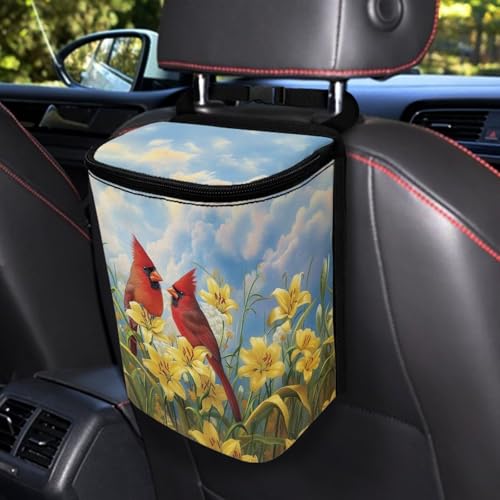 Image of Talayituse Cardinal Lily Flower Print Car Trash Can with Adjustable Straps, Zip Closure Car Trash Bag Bin Auto Garbage Bag Multipurpose Storage Box for Vehicle Travel Camping Picnicing