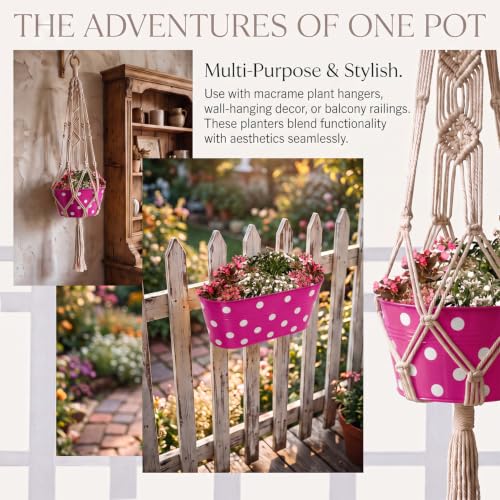 Image of TrustBasket Dotted Oval Railing Planters Basket - Magenta (Set of 5) | Heavy-Duty UV Stabilized Metal Flower Pots for Railings, Fence & Balcony, Indoor Outdoor Herb, Flower & Decorative Plants