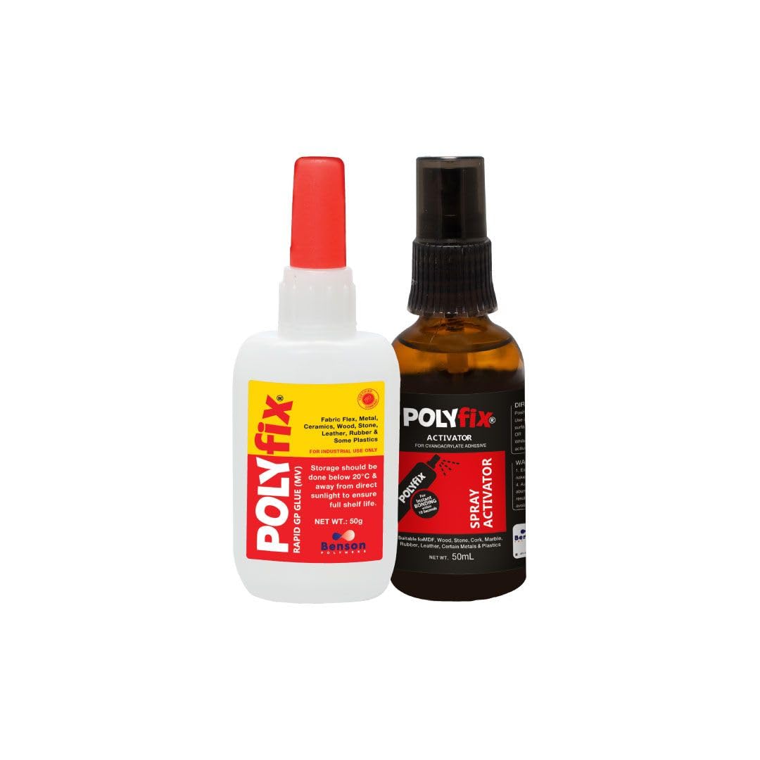 POLYFIX Medium Viscosity Cyanoacrylate Instant Glue and Spray Activator Combo Kit - Suitable for Wood, Stones, Acrylic, Plastic, Metal - for Quick and Strong Bonding - 50g Glue + 50ml