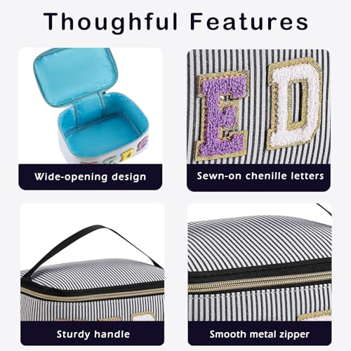uekeboag Personalized Chenille Letter Seersucker MEDS Makeup Bag,Large Size Medicine RX Cosmetic Bag with Top Handle, First Aid Travel Organizer Bag for Women Girls(04Black)3