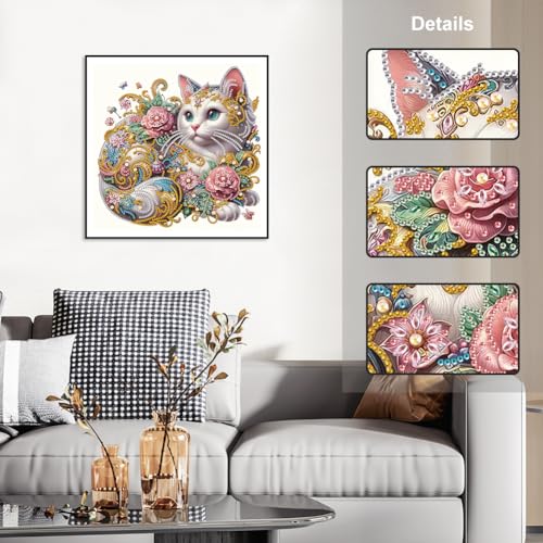HvasJing Link Diamond Painting Kits for Adults Exquisite Floral Cat, 5D Full Drill Diamond Art Kit, Special Shaped Diamonds 11.8 x 11.8 Inch DIY Diamond Dots Craft, Relaxing Hobby Wall Decor - Thumbnail 2