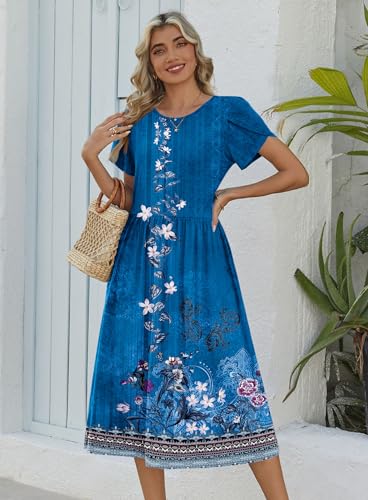 Image of Zeagoo Womens Summer Dresses Casual Aline Midi Dress Short Sleeve Floral Tshirt Dress Flowy Beach Sundresses with Pockets