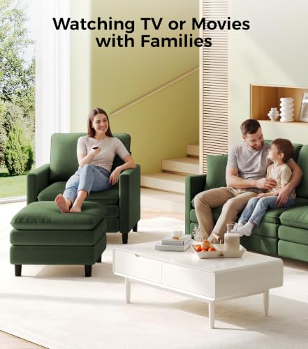 Image of Welzona 3-Layers Cloud Accent Chair with Ottoman, 33 inch Teddy Reading Chair | Comfy Teddy Fabric, Washable Covers, Tool-Free Setup, All-wood Arm Chair and Ottoman Sets for Living Room, Bedroom, Green