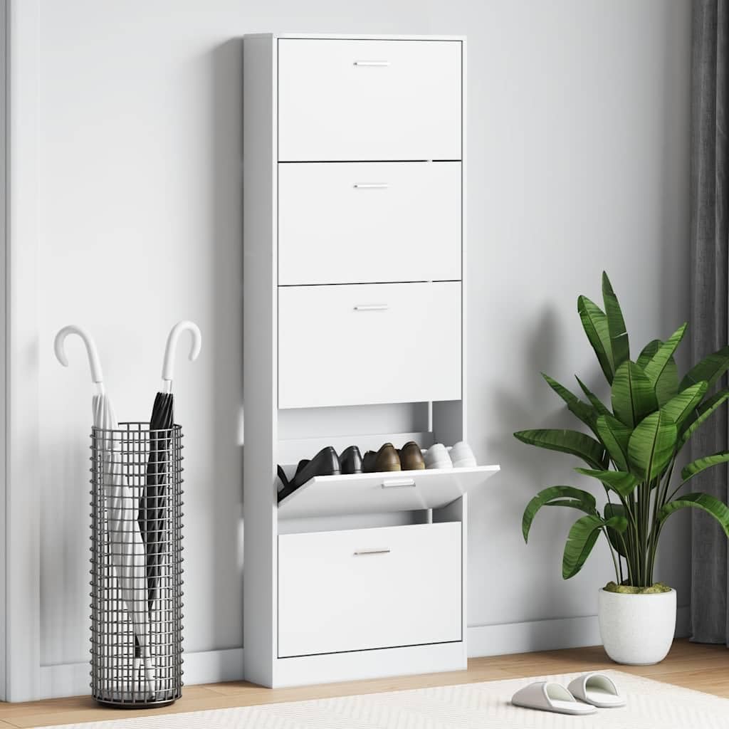Schuhschrank mit 5 Schuhkippern Weiß aus Holzwerkstoff, 59x17x169 cm, platzsparend mit Fächern für Flur Eingangsbereich, stabile Aufbewahrung für Damen, Herren Schuhe und Sneaker