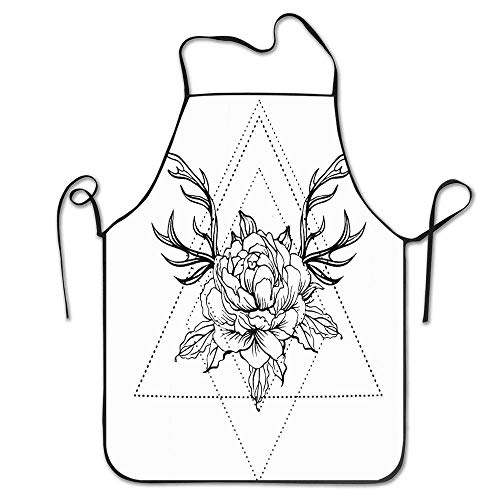 NA Blackwork Tattoo Flash Fiore di peonia con Corna di Cervo Simbolo Mistico Bianco Scuola Dotwork Boho Cucina Cucina Ristorante Bar Grembiule Grembiule Chic Grembiule da Cuoco Grembiule Unisex