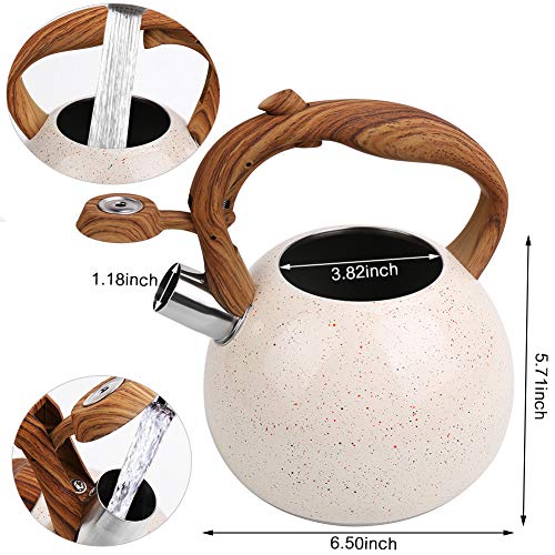 Whistling Tea Kettle Stovetop, 2.7 Quart Tea Pot for Stove Top, Stainless Steel Teapot with Whistle & Heat Resistant Wood Pattern Handle, Water and Coffee Kettle, Suitable for All Heat Sources (White)