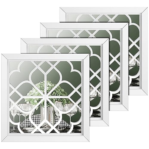 Tatuo 4 Pcs Square Wall Mirror Rustic Farmhouse Decorative Hanging Mirrors for Living Room Bedroom Kitchen Bathroom Entryway, 12 x 12 Inch(Pure White)