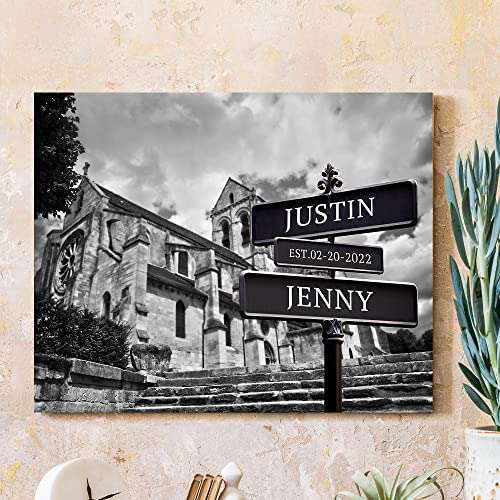 CP CANVASPATH Couple's Name and Date on Street Sign,The Picturesque city of Auvers sur Oise personalized Canvas Prints Love Gift for Anniversary,Wedding,Birthday and Holidays