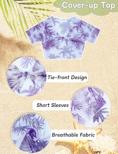 Image of Happy Cherry Girl's 4PCS Swimsuits Tropical Print Halter Bikini Set Bathing Suits with Kimono and Cover Up Pant Boho Swimwear