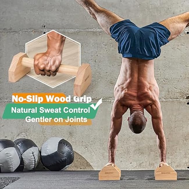 Parallettes Push Up Bar, Oak Wood Calisthenics Equipment for Home Gym with Non-Slip Base, Handstand Trainer Push Up Handles for Floor Dip Workout and Strength Training