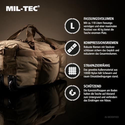 Mil-Tec Kampftrageseesack mit Rollen (118L Volumen) • Große Reisetasche mit 3 Rollen & Rucksackfunktion • Ideal als Rucksack Trolley, Seesack, Einsatztasche, Camping- oder Sporttasche • Coyote