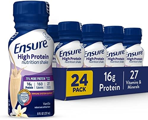 Ensure High Protein Nutritional Shake with 16g of Protein, Ready-to-Drink Meal Replacement Shakes, Low Fat, Vanilla, 8 Fl Oz (Pack of 24)