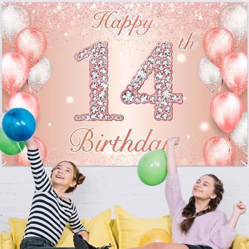 Image of Happy 14th Birthday Rose Gold Banner Cheers to 14 Years Old Backdrop Confetti Balloons Theme Decor for Girls 14 Years Old Pink Birthday Party Decorations Bday Supplies Background Favors Gift Glitter