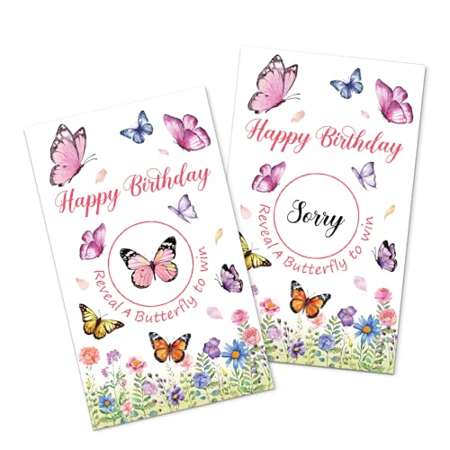 SRWNFOS 50Pcs Welcome to The Birthday Party Scratch Off Game, Butterfly Scratch Cards for Birthday Party, Lottery Group Game Raffle Tickets for Butterfly Lovers, Funny Floral Baby Shower Activity