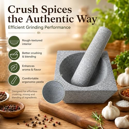 Image of NUTRION Square Granite Mortar and Pestle Set for Kitchen Spice Grinding, Heavy Duty Stone Herb Crusher Bowl for Garlic, Masala, Chutney & Pesto Preparation, Grey Manual Grinder