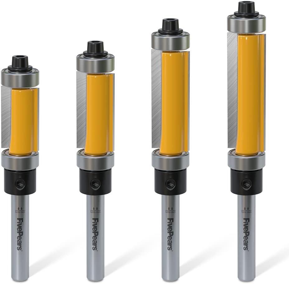 FIVEPEARSTop and Bottom Bearing Flush Trim Router Bits Set 1/4 Inch Shank, 1/2 Inch Cutting Diameter, 3/4", 1", 1-1/4", 1-1/2" Cutting Length