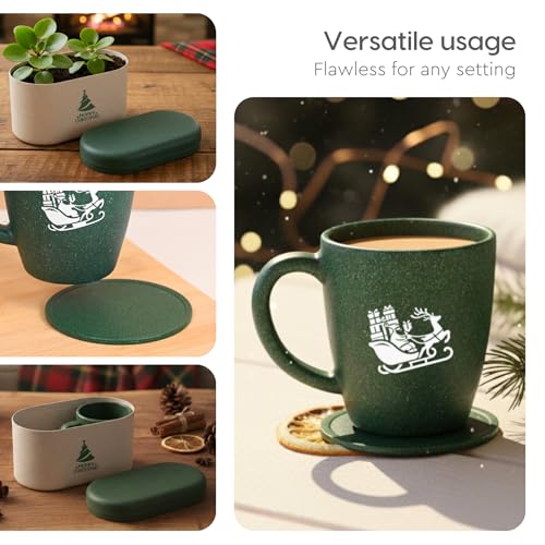 Image of Eha Earth-Friendly Christmas Gifts for Friends and Family | Secret Santa Gifts | Made with Rice Husk | Printed Christmas Mug and Coasters Set of 2, Keychain & Loopac Box | 300 ml | Fern
