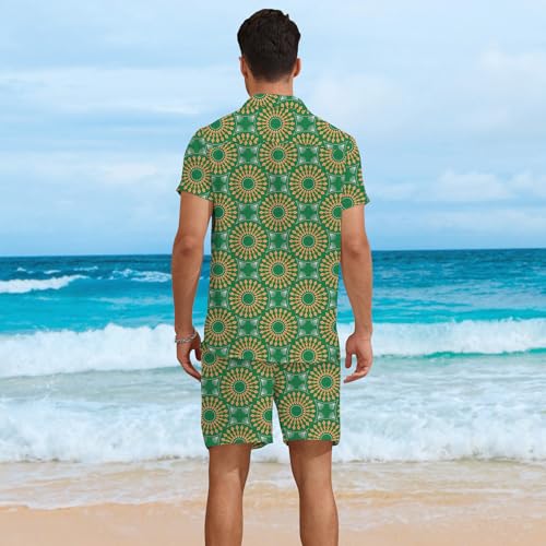 Conjunto masculino havaiano de 2 peças, manga curta, casual, de botão, camisa e shorts para férias,