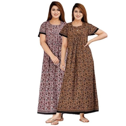 ofeefan Cotton Nighty for Women – Pack of 2 Printed Maxi Gowns, Ankle-Length Night Dresses, Soft & Breathable Sleepwear – Free Size-picture-33