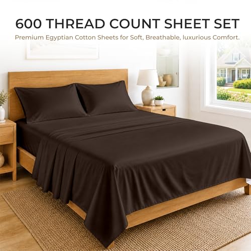 Image of SGI bedding 100% Egyptian Cotton Sheets Twin XL Size - 600 Thread Count Sheets Set, Soft, Cooling, 15 inch Deep Pocket, Luxury Hotel Bedding, Breathable, Durable - Chocolate