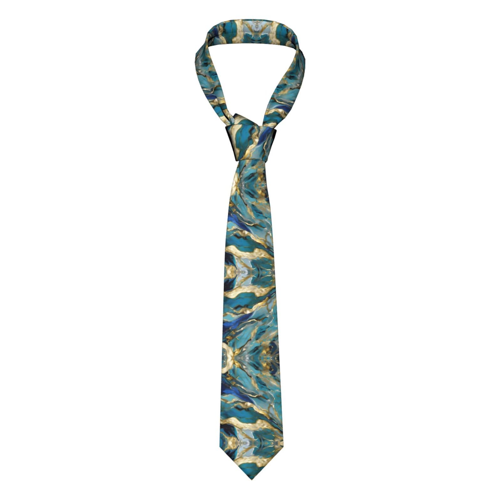 Azurite Teal and Foil Gold Oil Marble Pattern Men's Suit Tie Casual Tie Printed Tie, Suitable For Wedding Banquet Work Meeting