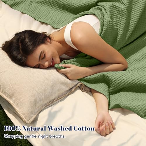 Image of PHF 100% Cotton Waffle Blanket Lightweight Breathable, Queen, Loden Green | Pre-washed Soft Cozy Summer Throw for Hot Sleepers, Textured Decorative Layer for Bed Couch Sofa Guest Room, Giftable