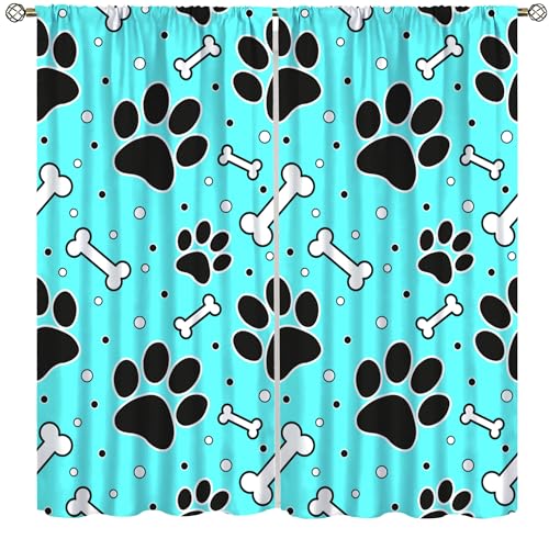 Animal Paw Print Curtains, Cute Blue Cartoon Pet Dog Paw Prints Bone Prints Animal Blackout Window Treatments, Thermally Insulated Rod Pocket Drapes for Living Room Bedroom Kitchen Kennel 42x45in
