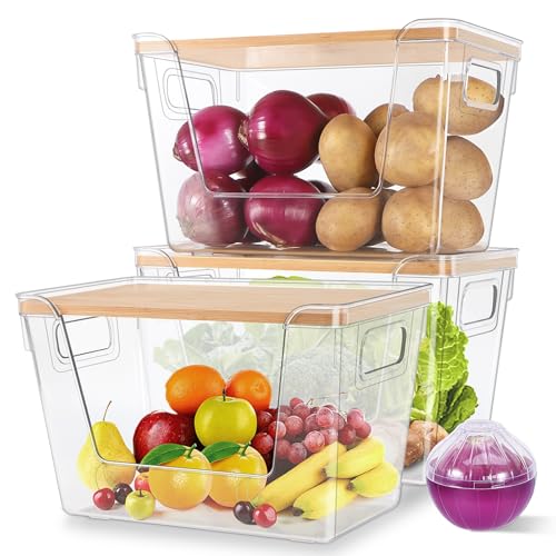 4 Set Pantry Organizers and Potato Onion Storage Bins, Stackable Kitchen Counter Cabinet Basket for Produce, Fruit, Vegetable, Snack Storage, Laundry Organizer Trash Bag Holder with Bamboo Lid