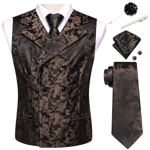 Hi-Tie Men Hunter Brown Floral Vest Double Breasted Suit Vest for Wedding