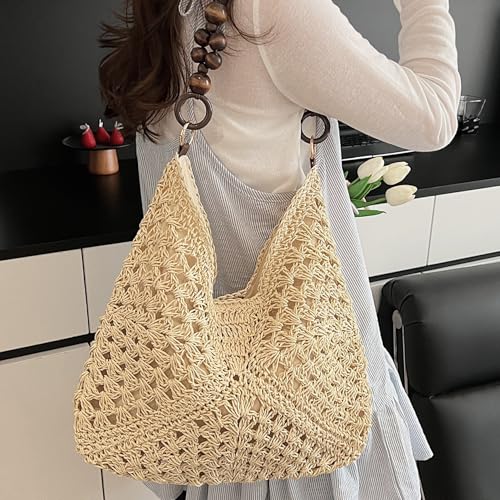 Bolso de Playa Tejido Boho con Asa de Cuentas para Mujer miniatura 3
